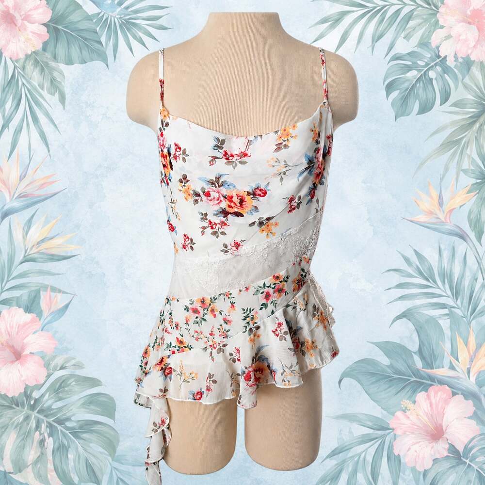 Thirty/Thirty L.A. Floral Asymmetrical Hem Camisole Top with Lace Detail